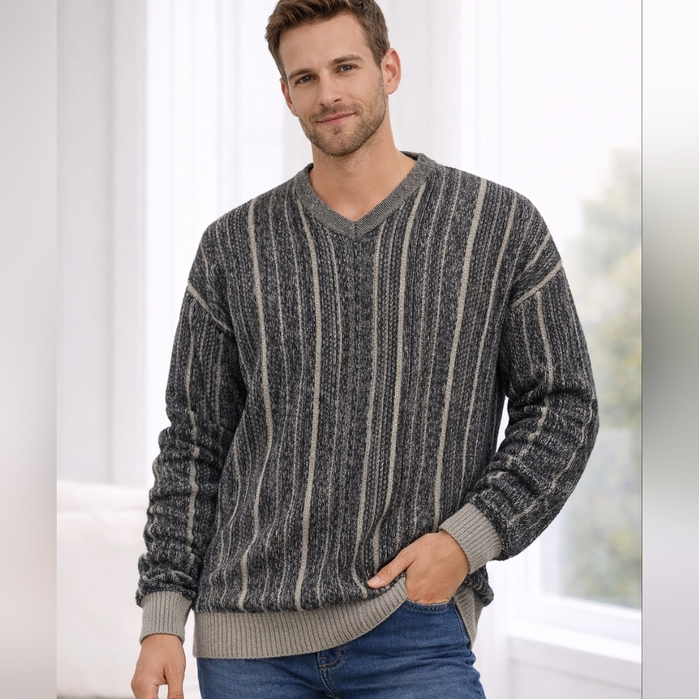 Made In Italy Wool Sweater J. Ferrar Knit V Neck Medium Large Striped Gray Beige